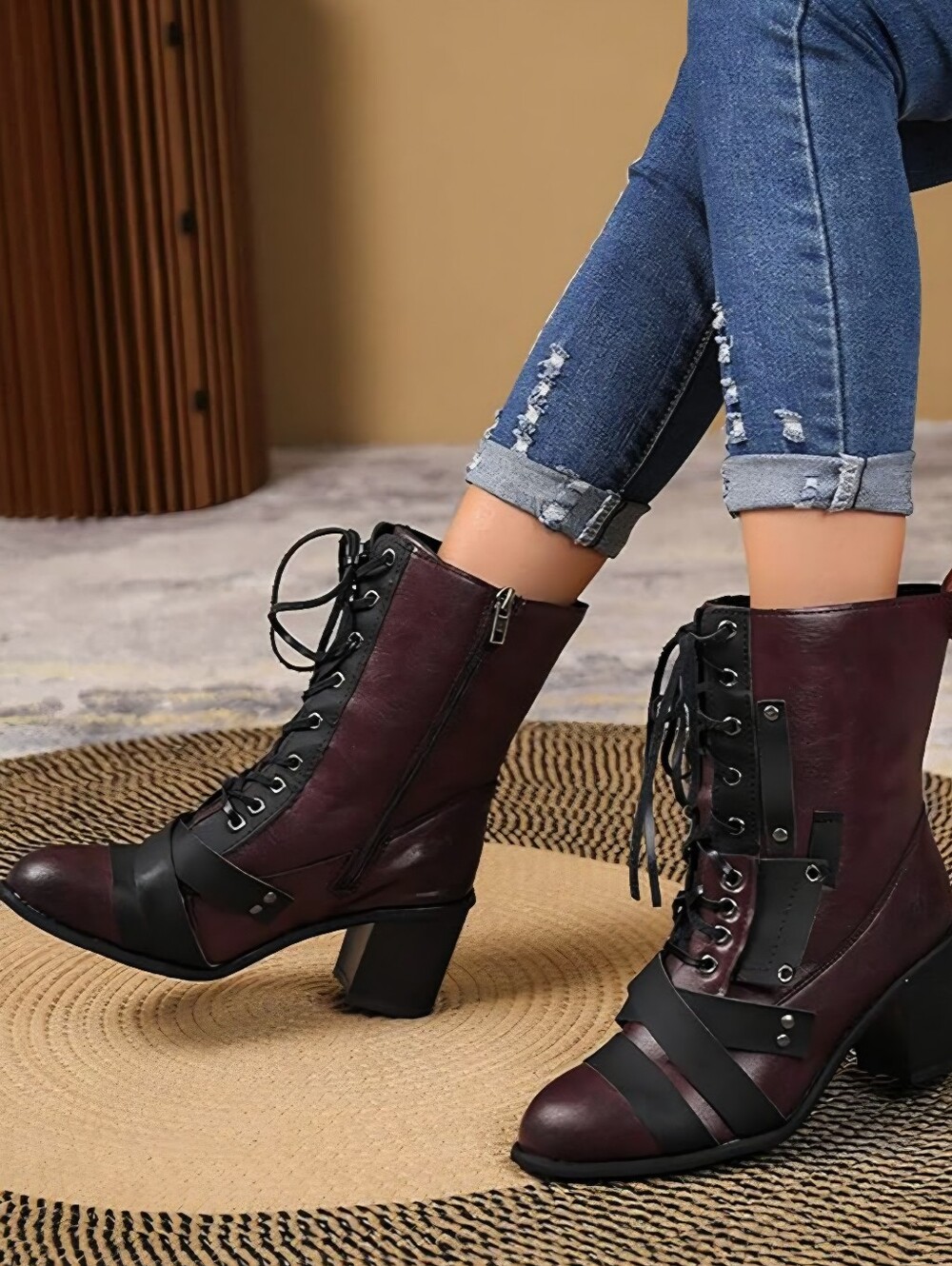 Burgundy Vintage-Style Lace-Up Combat Booties
